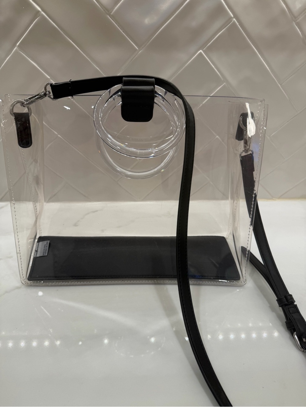 Heavy Clear Bag with acrylic handles, black adjustable/removable shoulder strap